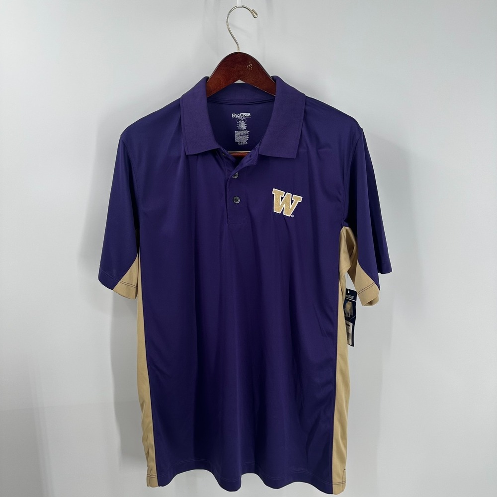 Washington Huskies Pro Edge Mens Purple Tan‎ Football Polo Shirt Size L NWT